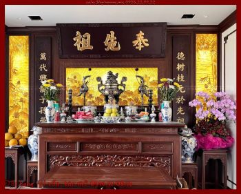 Bàn thờ 2 tầng gỗ gõ đỏ chạm như ý